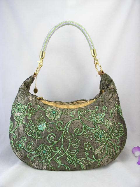 FREE S H Dark Green Tapestry Beaded Sequined Hobo Handbag Bag