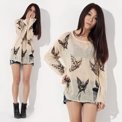 Tops 2013 New Fashion Gradient Sale The Knitted Cardigan Women Crochet top Sweater Outerwear Hole Butterfly Pattern Pullover(China (Mainland))