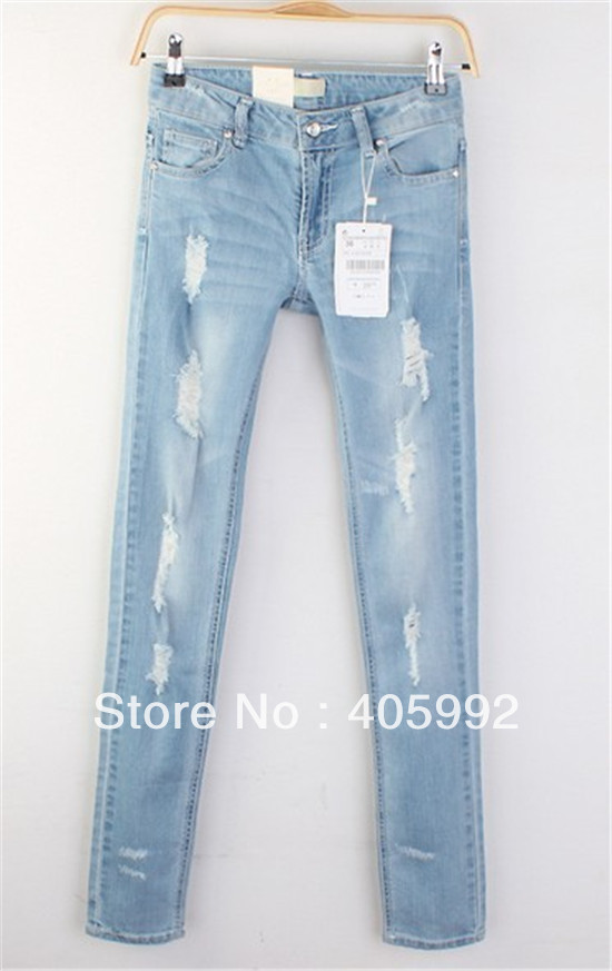 classic woman washed&hole design jeans in 4 sizes high quality of denim&spandex stretchable sexy slim figure jeans comfortable(China (Mainland))