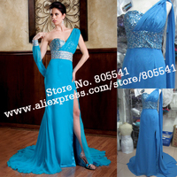 100% Real Photo Sheath Sexy Party One Shoulder with Long Sleeve Beading Blue Cheap Evening Dress ED128049