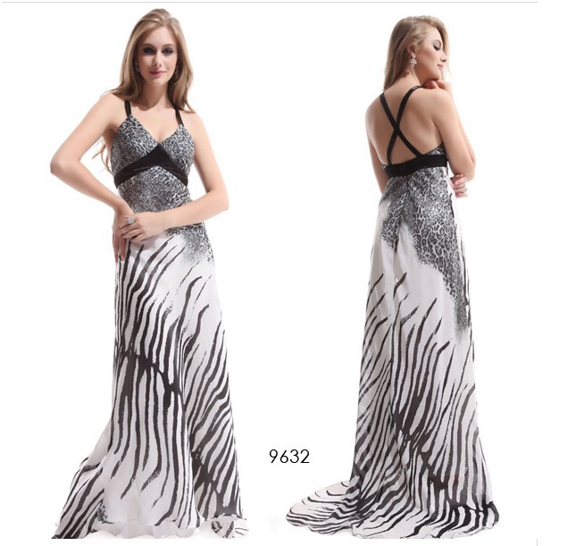 2013 High quality woman's Zebra print Sexy V-neck Cross Back Trailing Padded Printed party Evening Dress free shipping(China (Mainland))