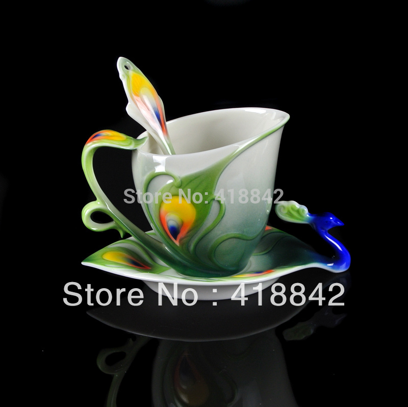 Porcelain graceful peacock coffee 1cup 1saucer 1spoon fine Christmas Gift