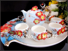 Porcelain Magpie Wintersweet Tea Set Green Red Tea 6Cups+1Platter+1Pot
