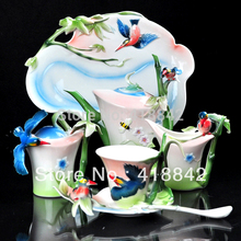 Full Set Porcelain Bamboo Song Bird Coffee Set 4Cup/4Saucer/1Creamer/1Sugar Bowl/1Pot/1Platter/4Spoon