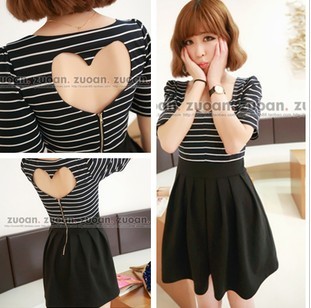 Hold 2013 personality behind charade cutout peach heart stripe black one-piece dress(China (Mainland))