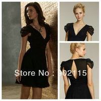 Hot Sale Prefered V-Neck Sheer Sleeves Above Knee Custom Made Sexy Black Cocktail Party Dress