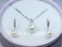 AAAA 8-9 9-10mm oval Cultured Freshwater Pearl Earrings+Pendant 925 Silver Set(1 set)+Wholesale&Retail+Free Shipping