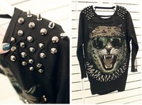 AA-102 Tiger Printed T shirt Fashion Women Spike T-shirt Punk Style Stud patchwork Tees Black/white