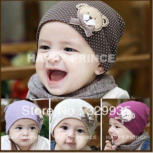 10pcs/lot,Free Shipping Dotted Baby Beanie With Bear Double Layer Kids Winter Hat Baby Cotton Animal Cap Children Beanie Caps(China (Mainland))