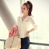 Free Shipping! 2013 Spring and Summer New Arrival Women's V-neck Casual Chiffon Long-Sleeve Slim Loose Shirt Blouses B0617#