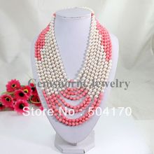 8 Rows Luxury Beaded Pearl Coral Necklace Multi strand Pearl Jewelry Gorgeous Example Party Jewelry Free