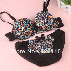 Dot Bowknot 100% Cotton Lining Comfortable Type Push Up Bra Set Ladies Lingerie 70A70B75A75B80A80B(China (Mainland))