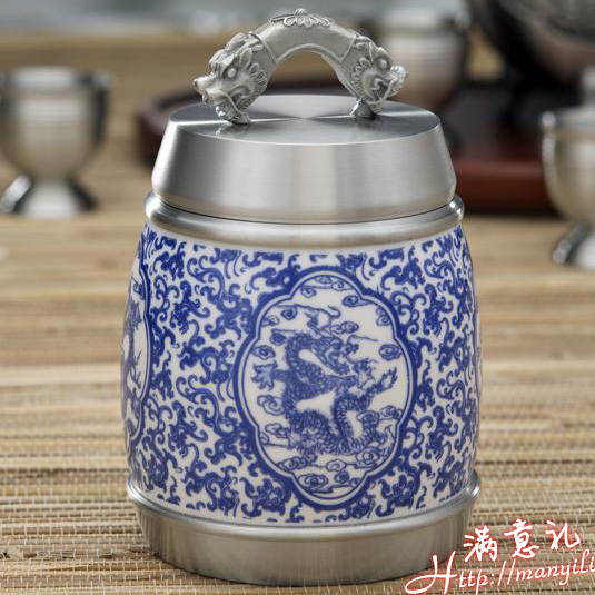 Blue and white porcelain pure tin pewter tea caddy marry business gift(China (Mainland))