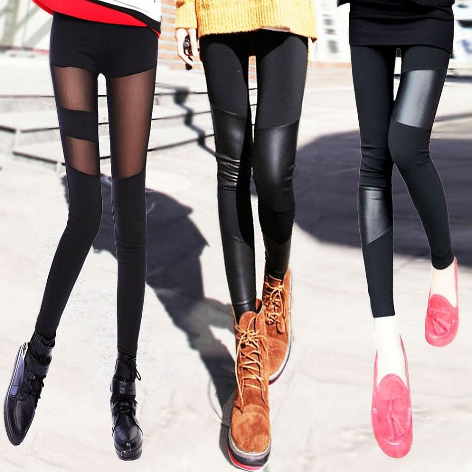 Women's New style Sexy Stitching Stretchy Faux Leather Back Tight Leggings Pant(China (Mainland))