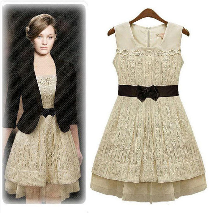 Sale 2013Spring Fashion Korean Women Princess Vintage White Lace Dress Elegant Slim Sleeveless Lolita Dress Summer Party Dress(China (Mainland))