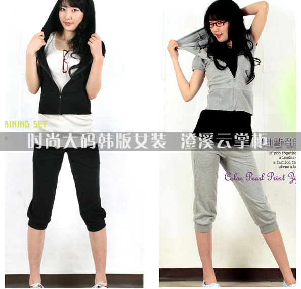 Plus size clothing plus size sportswear mm zipper short-sleeve knee length trousers sports triangle p168 Size full set(China (Mainland))