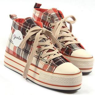 Free shipping, 2013 new female canvas shoes muffin bottom high help Tartan shoes thick soled shoes(China (Mainland))