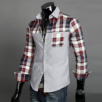Free Shipping 2013 NEW The Slim Men lattice stitching long-sleeve shirt Red,Green Size M-L-XL-XXL Wholesale and retail