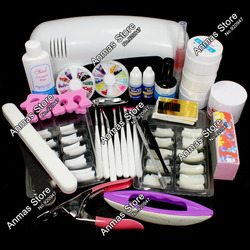 Free Shipping Pro Nail Art UV Gel Kits Tool UV lamp Brush Remover nail tips glue acrylic UW,HB-NailArt01-12set(China (Mainland))