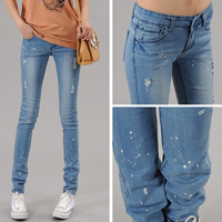 2013 summer personalized distrressed paint slim female hole jeans pencil pants