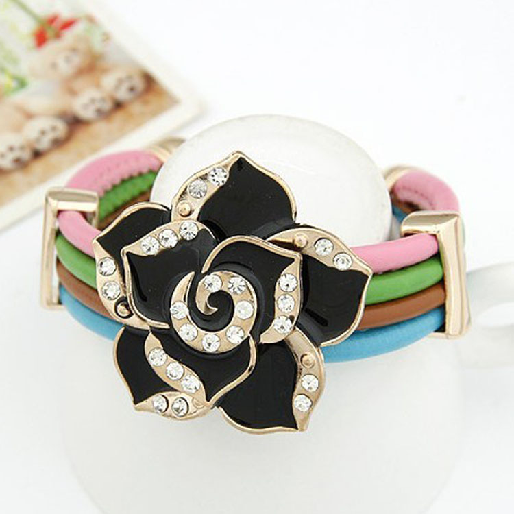 Fashion crystal flower leather multilayer Bracelet. Free shipping.3 color available.(China (Mainland))