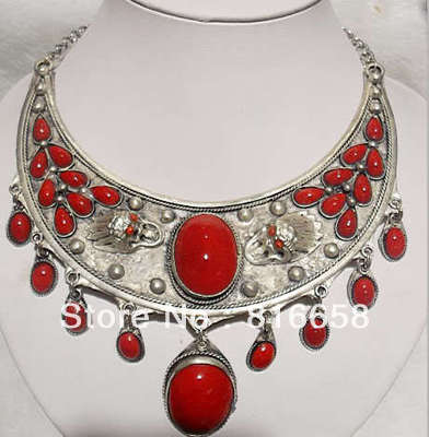 Free shipping pretty tibet silver inlay coral jewlery necklace