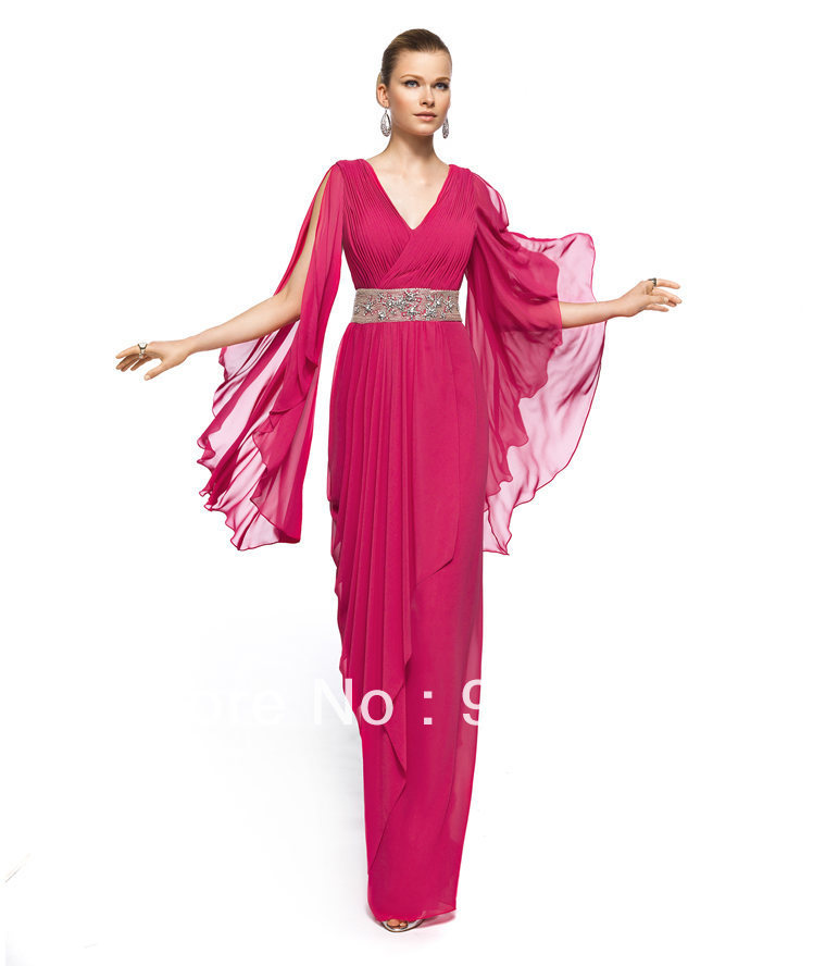Beautiful Empire V-neck Beaded Waist off the Shoulder Long Sleeves Plum Chiffon Evening Dress(China (Mainland))