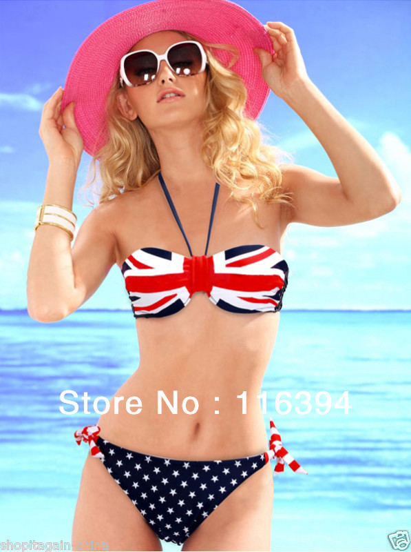 2013 Sexy UK USA Flag Brief or Shorts Stars Halter Padded Bikini Swimwear Beach Bathing Wear,swimwear for women(China (Mainland))