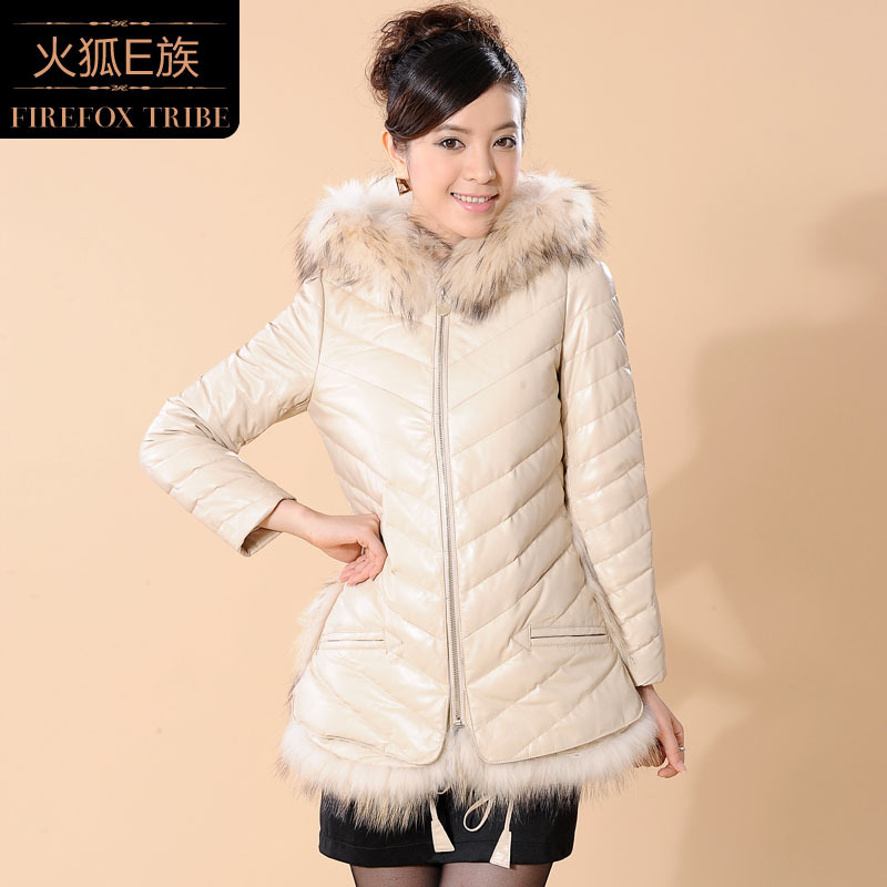 Firefox sheepskin genuine leather hooded down coat raccoon fur medium-long down leather clothing female genuine leather clothing(China (Mainland))