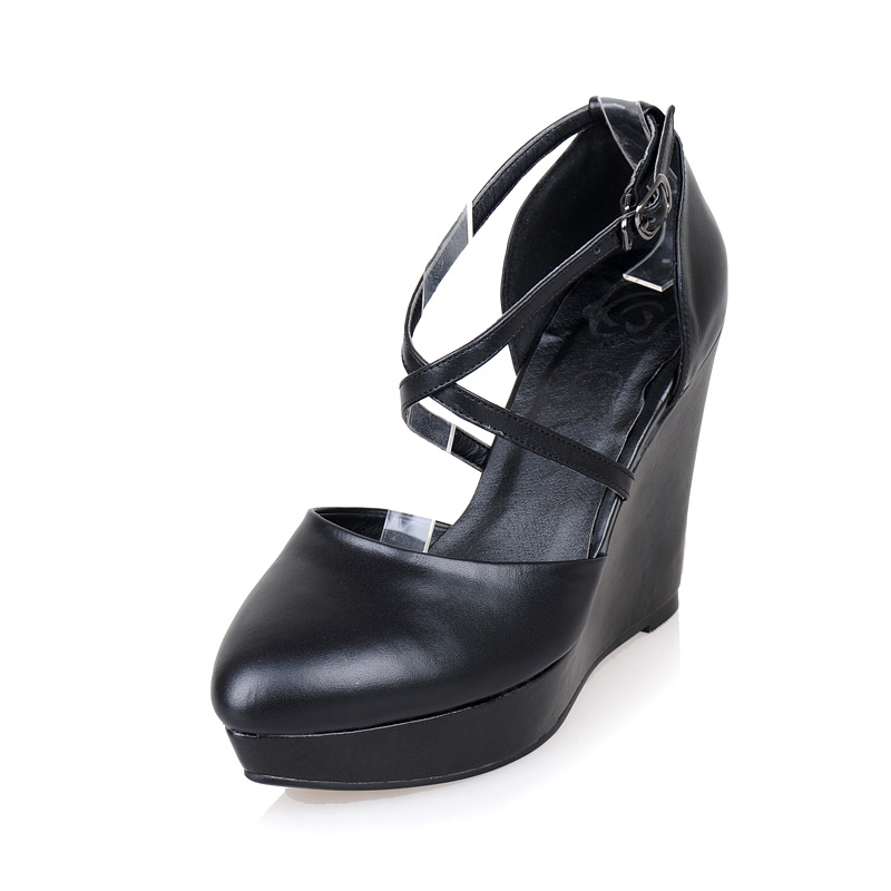 2013 spring genuine leather wedges single shoes cowhide cross straps platform high heeled shoes ol shoes