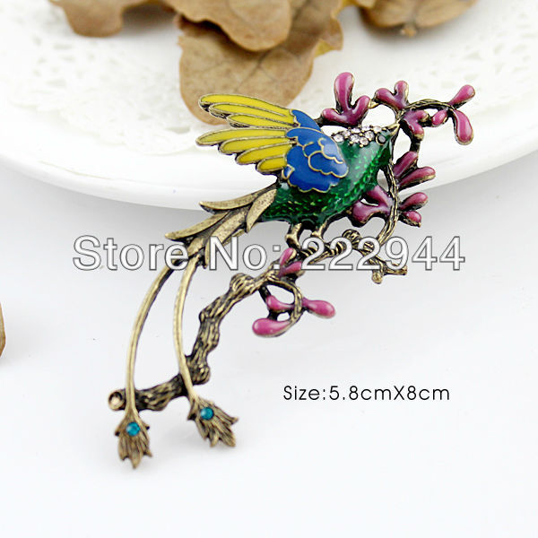 Charming graceful vintage enamel bird tree flowers brooch free shipping(China (Mainland))