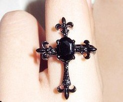 PR 0159 Fashion Jewelry For Women Black Imitation Gemstone Cross Flower Ring 