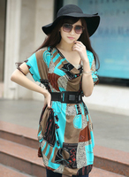 5 pieces /lot Women's Summer New Fashion Chiffon Dress Short sleeve loose Waist free belt  hat is not include
