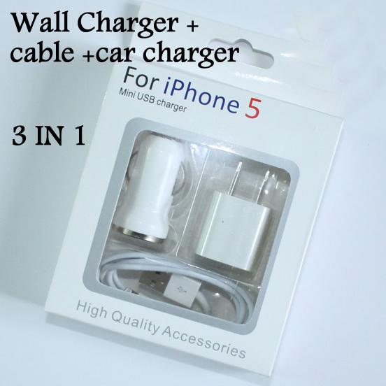5V 1A AC wall charger USB car charger 8pin to USB cable adapter 3 IN 1 travel kit Accessory Bundle for IPhone 5(China (Mainland))