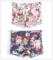 Free Shipping X943 Summer Street Style Colorful Vintage Flower Printing Washing Cotton Blends Hot Shorts Beige/Blue(China (Mainland))