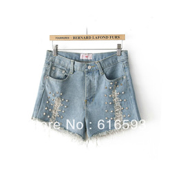 Free Shipping X938 Vogue Street Summer Style River Beaded Hole Front Washing Jean Hot Shots Blue(China (Mainland))