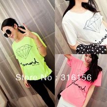 Lady 2013 spring and summer all-match simple candy color overcastting neon lines diamond short-sleeve tees tops Freeshipping(China (Mainland))