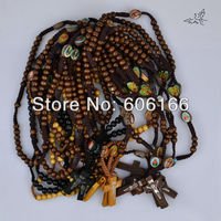 12pc/lot Holy Icon Wooden Rosary Beads Necklace Jesus Cross Pendant Necklaces Mix Color Wood Religious Cross Fashion Jewelry