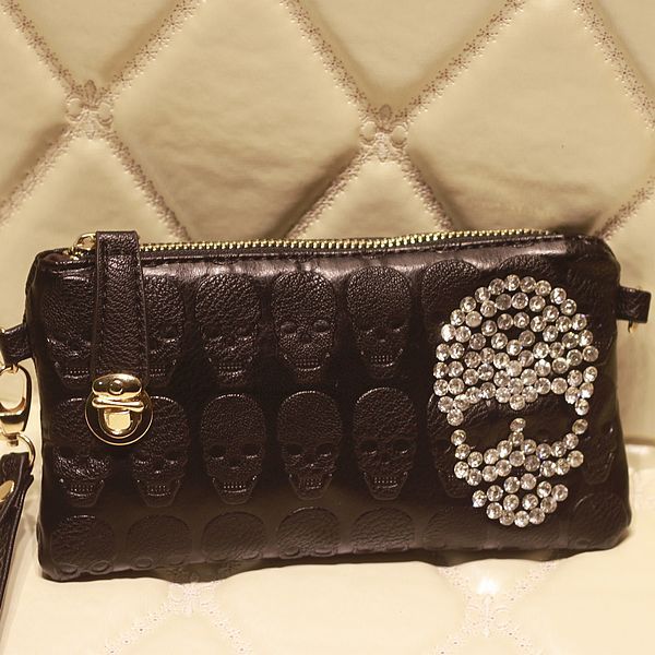 Free Shipping Women Lady Skulls Knuckle Black Duster Clutch/Evening Bag PU Leather Ring Bag Clutch Purse Handbag Wholesale Q388(China (Mainland))