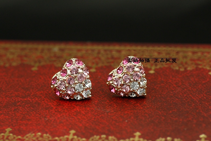 2013 Fashion Free Shipping Pink Heart Earrings 18K Gold Plated Charm Austria Jewelry Crystal Tie For Women(China (Mainland))