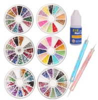 6 Wheels Combo Set Nail Art Nailart Manicure Rhinestones Glitter Tips Deco + 2x Dotting Pen + Glue