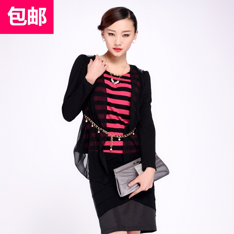 high quality woman apparel Mg end of a single 2013 faux two piece stripe sweater(China (Mainland))