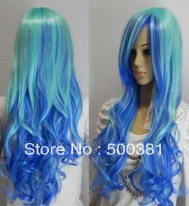 long blue mixed curly Hair women human manufacturing wig(China (Mainland))