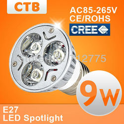Free Shipping High Power CREE 9W LED Bulb Light Spotlight Dimmable Lamp AC85-265V 3x3W Downlight, E27 GU10 MR16 12V(China (Mainland))