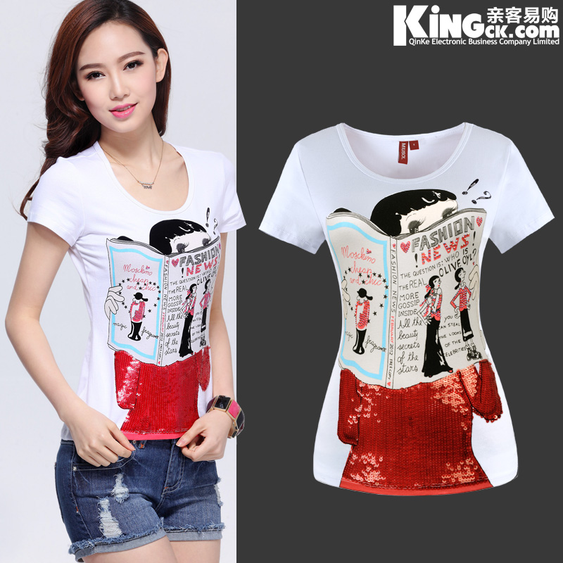 Cartoon casual paillette white T-shirt short-sleeve shirt print plus size clothes women's short-sleeve t shirt Lady Tee tops(China (Mainland))