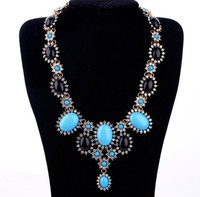 Free shipping No.Min order COL053 2013 New Blue Crystal rhinestone Flower bib short statement Necklace High Quality