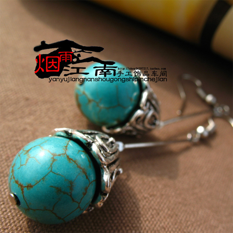 Long design earrings startlingly vintage ear hook natural turquoise earrings high quality lengthen silver jewelry drop earring(China (Mainland))