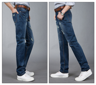 Spring preppy style male men's hole jeans straight jeans blue jeans mid waist men's clothing(China (Mainland))
