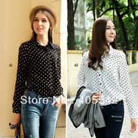 1PCS retro ladies wave point chiffon shirt shirt bottoming long-sleeved lapel I0261
