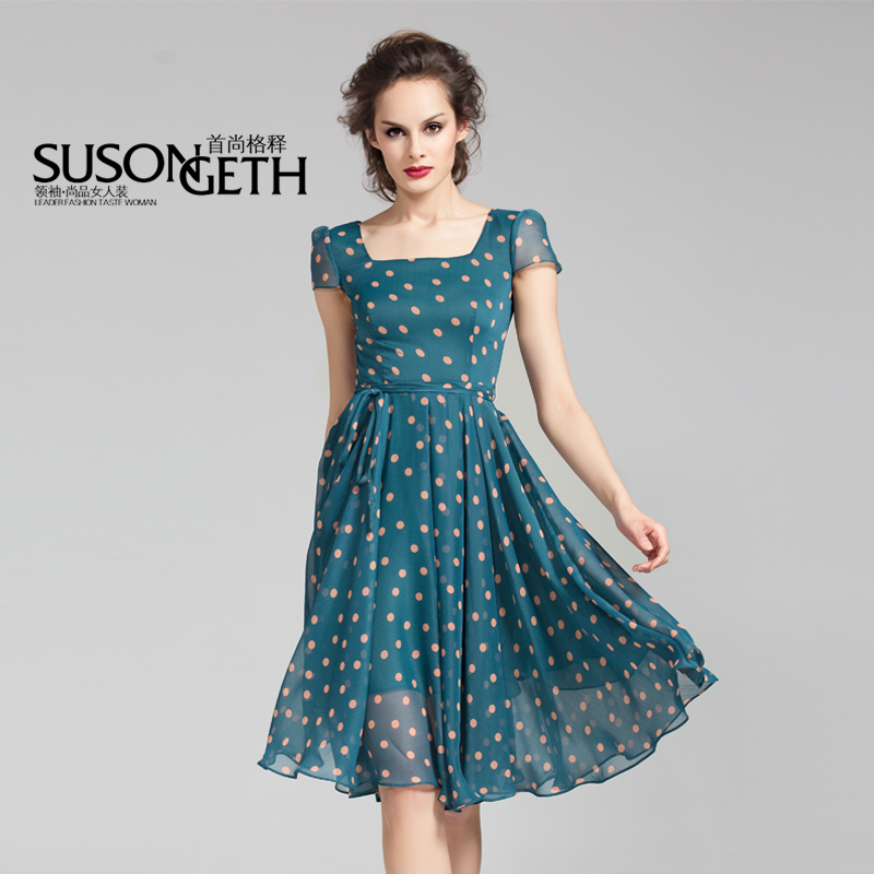 2013 fashion Women's Summer Chiffon Short-sleeve Dots full Dress Polka ...